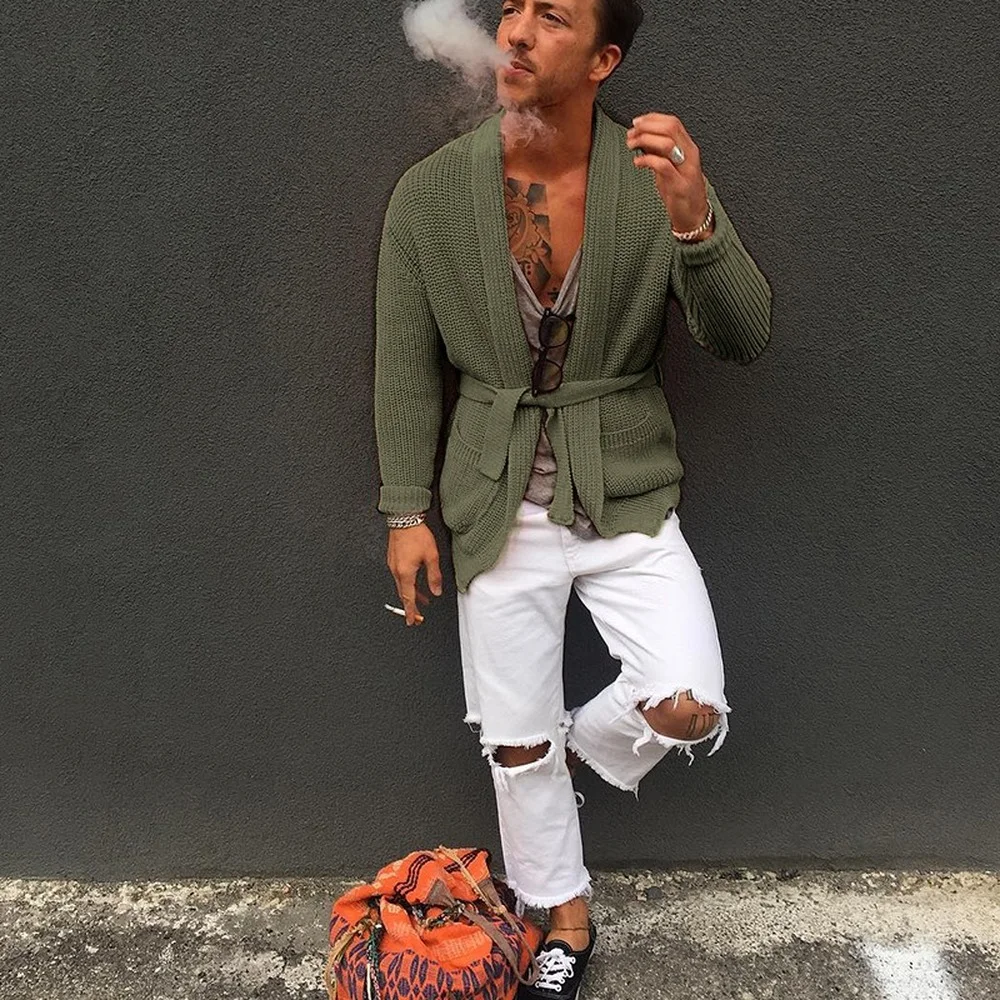 Cardigan For Men With Belt Casual Streetwear Knitted Sweater Coat Fashion Clothing 2021 Solid Color | Мужская одежда