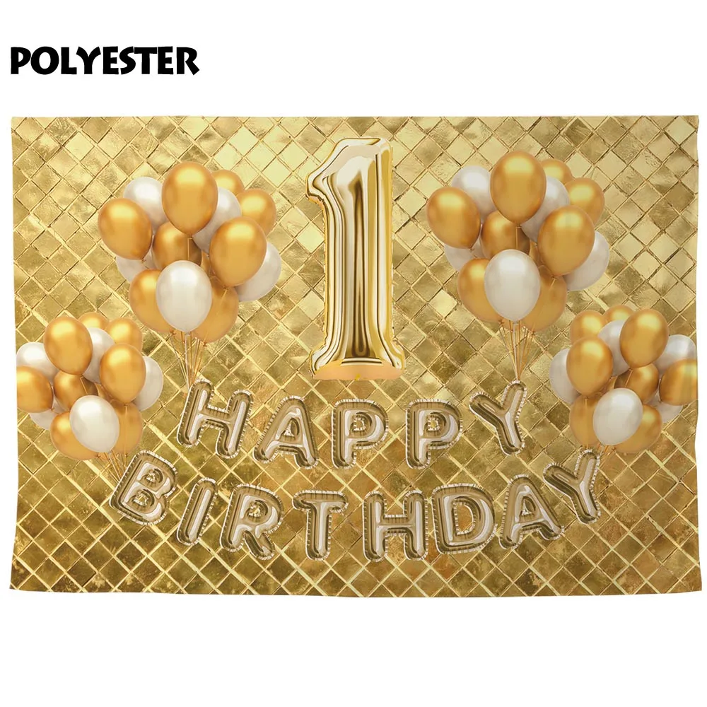 Allenjoy Happy 1st Birthday Backdrops Glitter Golden Lattice Balloons Adult Party Banner Photozone Celebrate Event Wall Supplies