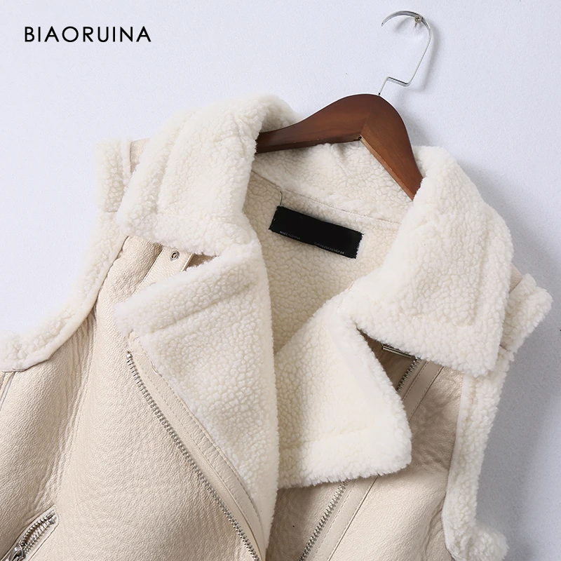 BIAORUINA Women's Moto&ampBiker Style PU Patchwork Fleece Thick Keep Warm Vest with Belt Female Autumn Winter Fashion Coat | Женская