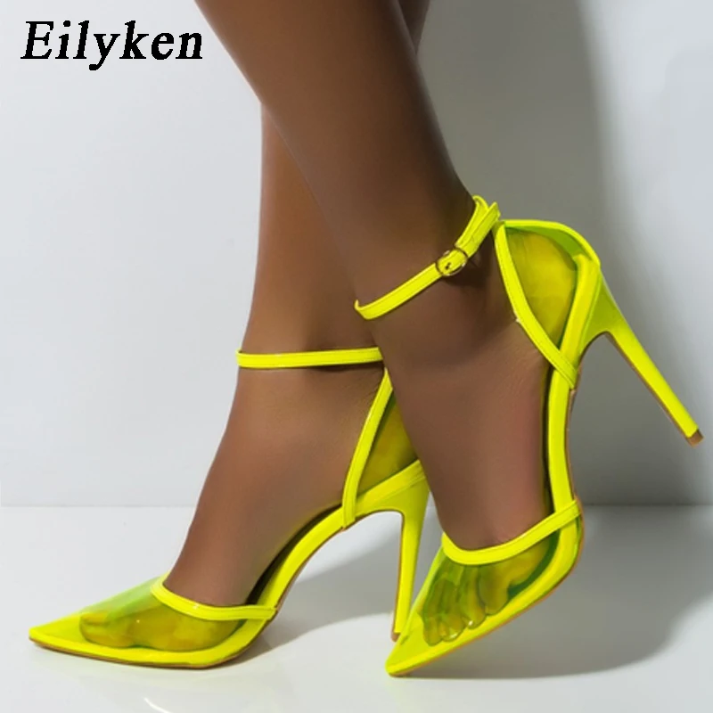 EilyKen/пикантные прозрачные туфли-лодочки из пвх; свадебные туфли-лодочки с острым носком и ремешком на щиколотке; вечерние женские туфли на высоком каблуке