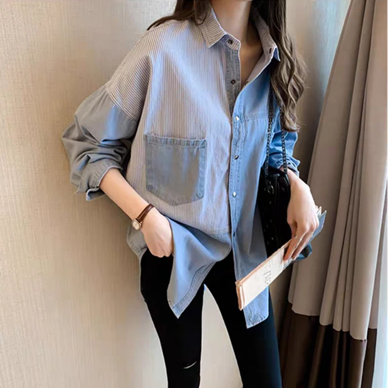

Loose Fashion Design korean fashion clothing Denim Shirt Women's Long-Sleeved Striped Patchwork