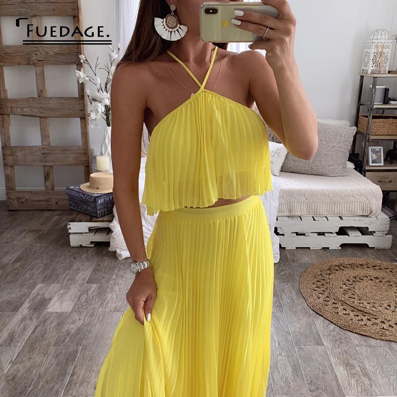 Fuedage Летний шифоновый Зеленый сексуальный комплект из двух предметов с рюшами