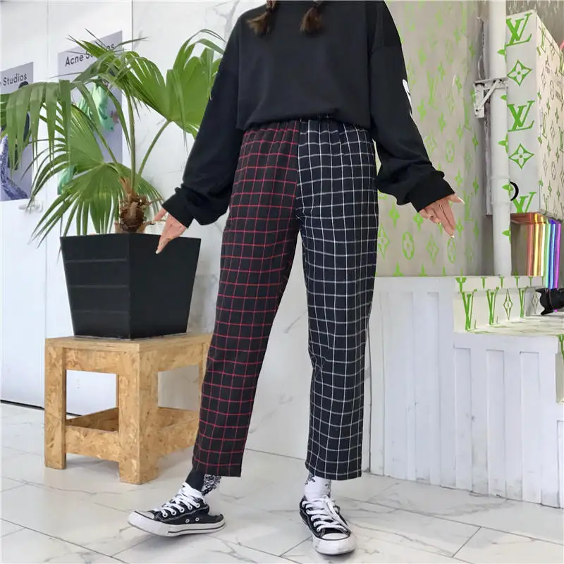 

Vintage Plaid Patchwork Pants Harajuku Woman Man Trousers Elastics High Waist Pants Korean Causal Straight Checkerboard