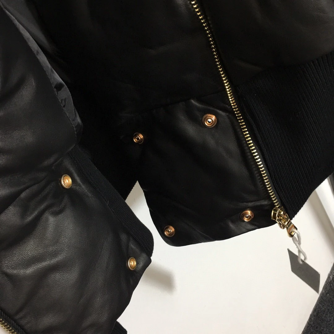 

High Quality Luxury Winter Women Double-breasted Gold Buckle Embroidered Armbands Sheepskin Padded Down Leather Jacket