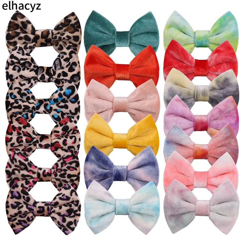 

10pcs/lot New Leopard Tie-dyed Colos 4" Smooth Velvet Hair Bow With/Without Clip Autumn&Winter Hair Accessories Girls Headwear