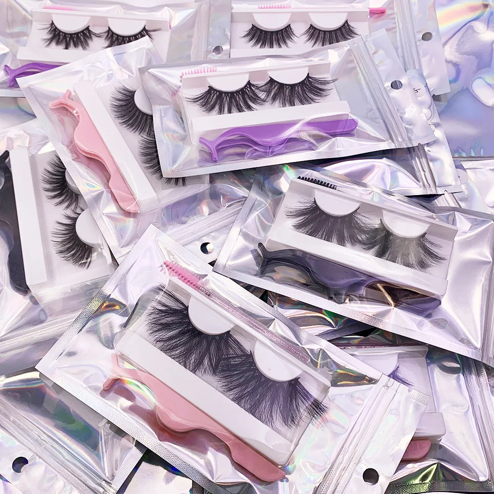 

Wholesale False Eyelashes 16mm 18mm 25mm Faux Mink Lashes 1 Pair Eyelash Tweezers Eyelash Brush Set With Holographic Bag