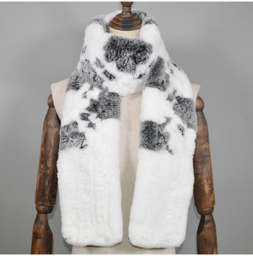 Winter Long Style Women Real Rex Rabbit Fur Scarf Rex Rabbit Fur Warm Soft Ring Scarfs High Quality Knit Rabbit Fur Scarves
