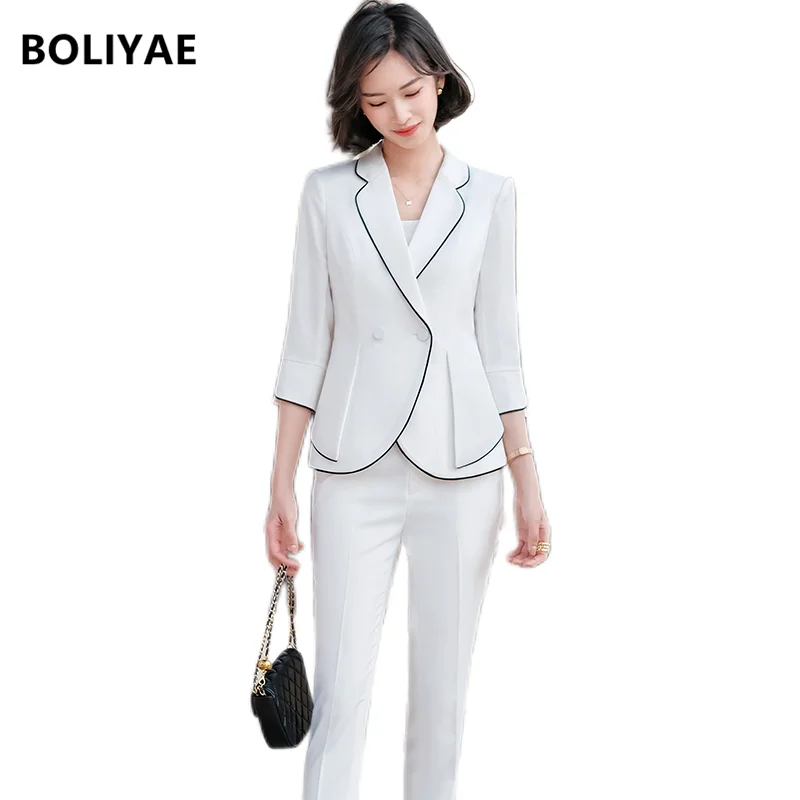 Boliyae Fashion Women's Blazer and Pants Set Female Spring and Autumn Casual 3/4 Sleeve Suits Jacket with Skirt Office Tops Trf