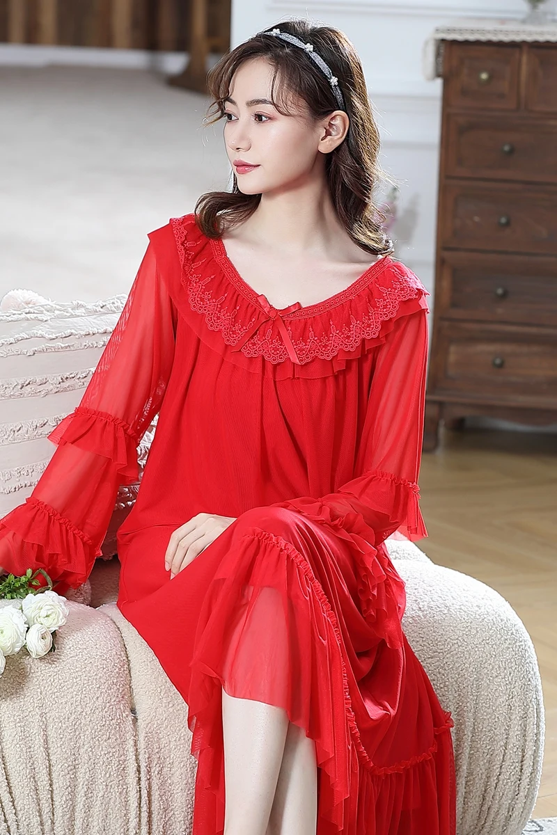 

Red Wedding Nightdress for Women 2021 Spring&Summer Modal Cotton Thin Sexy V-neck Nightgown Mesh Lace Ruffled Fairy Nighty New