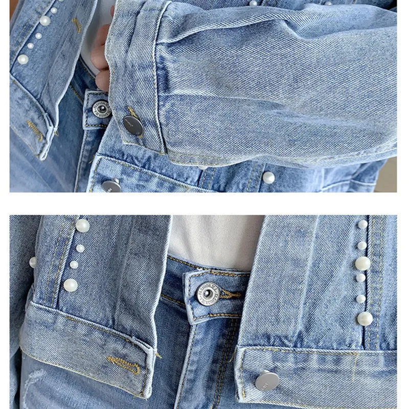 

Korean Loose Spring Autumn Denim Jacket Female Vintage Beaded Long-Sleeved Outwear Female Casual Short Jeans Jacket Basic Tops