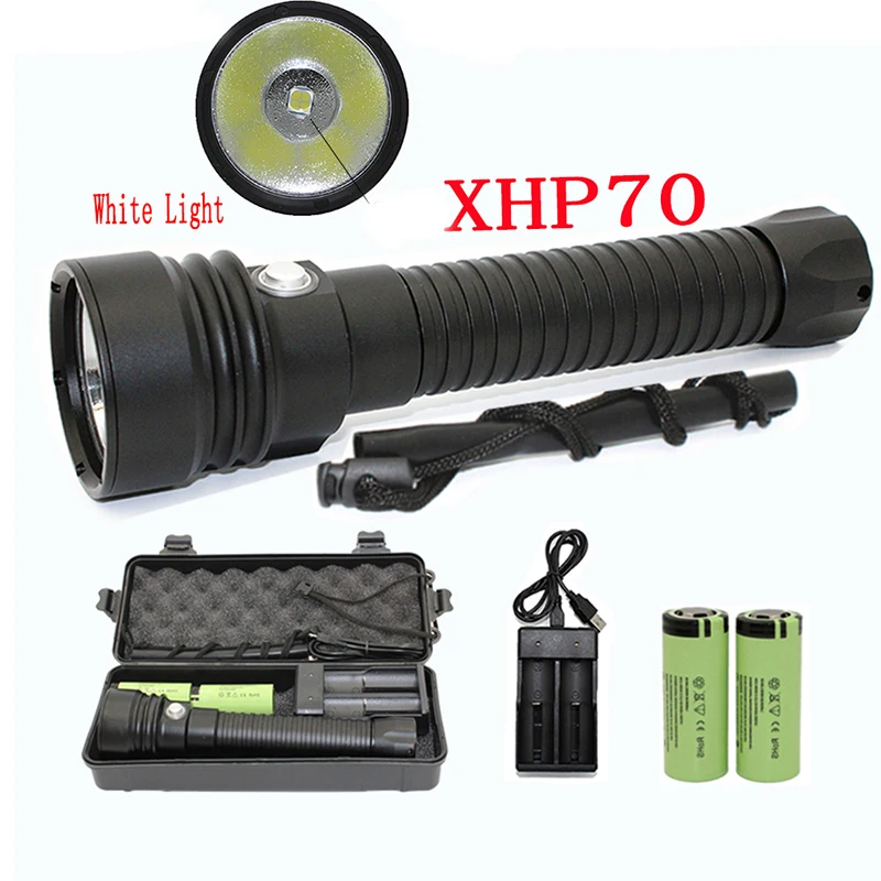 XHP70 Diving Flashlight 4000LM Underwater Torch XHP70.2 LED Waterproof Lamp Light+ 26650 Battery +Charger +Box