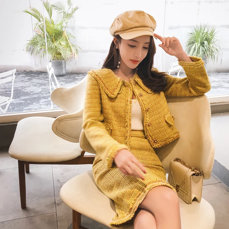 HAMALIEL Brand Runway Tweed Two Piece Set Fall Winter Women Yellow Plaid Tassel Short Weave Jacket +Pencil Wool Blends Skirt | Женская