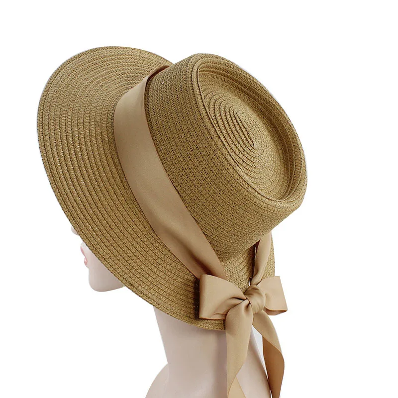 

Summer Women Beach Raffia Gold Ribbon Sun Hat Bow Raffia Hat Temperament Flat Cap Straw Hats Women's Seaside Hat
