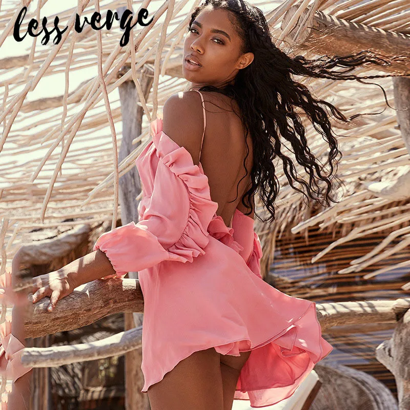 Lessverge элегантное шифоновое платье с рюшами розового цвета для женщин открытой