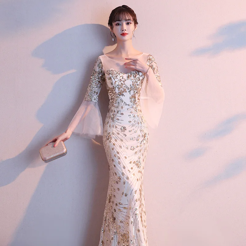 Благородная леди шампанское Qipao сексуальное вечернее платье Элегантный Bling тонкий китайский платье с v-образным вырезом Vestidos De Festa изысканный Cheongsam
