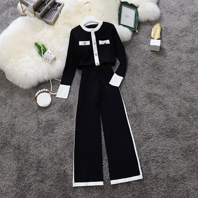 

Casual Women Knitted Sweater Top and Ankle-length Wide Trousers Clothing Set