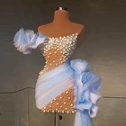 Великолепные вечерние платья с жемчугом небесно-голубого цвета без рукавов верхнее праздничное платье футляр выше колена для фотосъемки