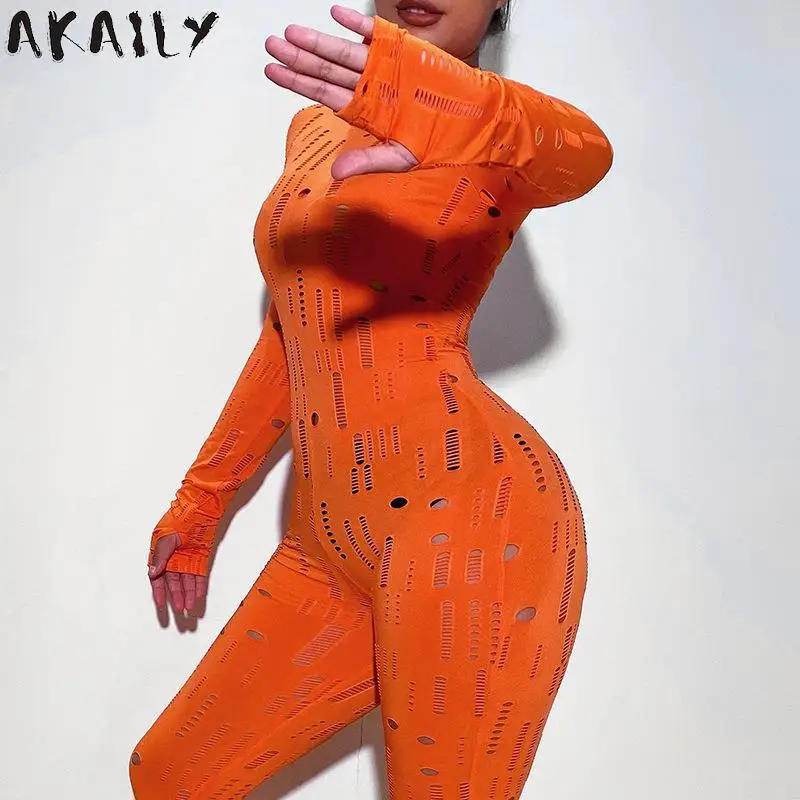 

Осенняя уличная одежда Akaily, оранжевый Ажурный комбинезон, женский эластичный цельный костюм, Облегающий комбинезон с длинным рукавом, женс...