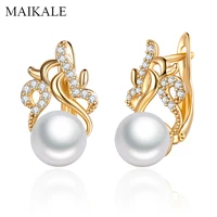 maikale trendy gold pearl stud earrings for women flower shape cubic zirconia crystal cz earrings exquisite jewelry gifts