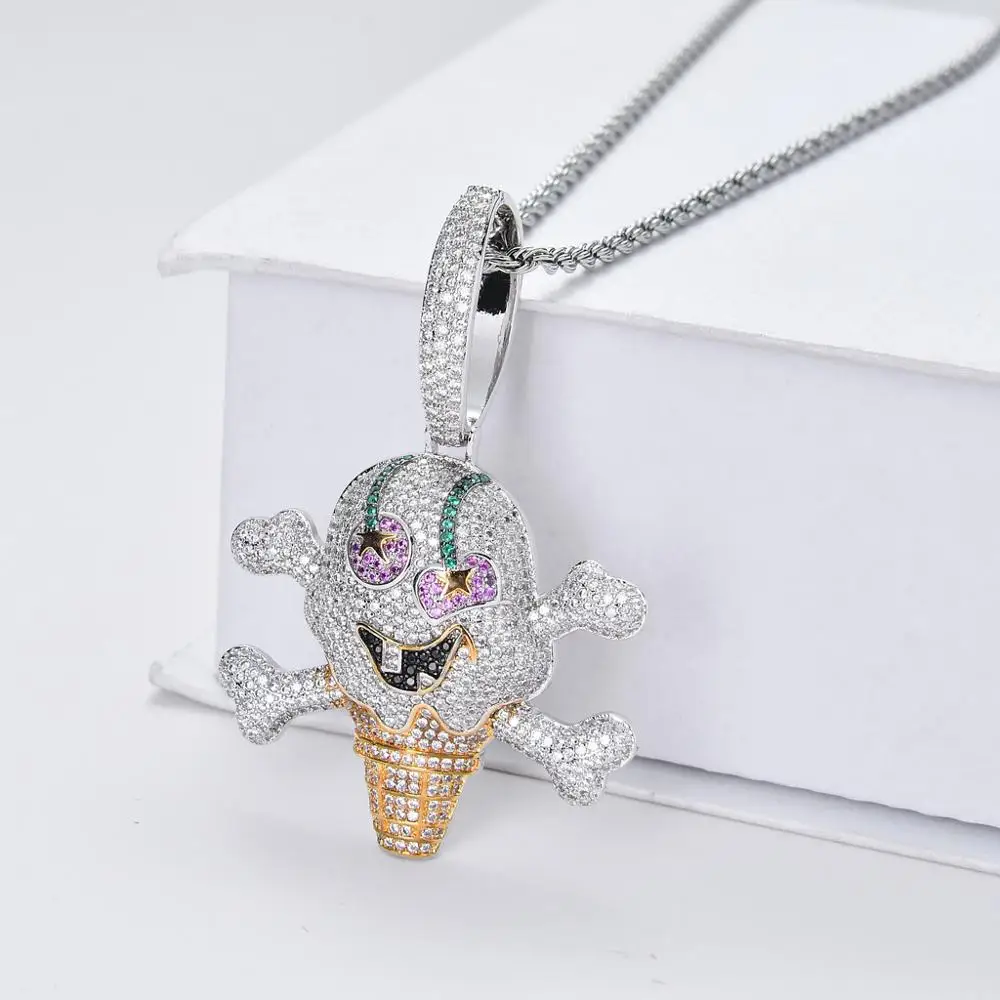 Newest Hip Hop Jewelry Gold Silver Double Color Iced Out Zircon Stone Ice Cream Pirate Pendant Mens Necklace Joyas Bling jewelry | Украшения