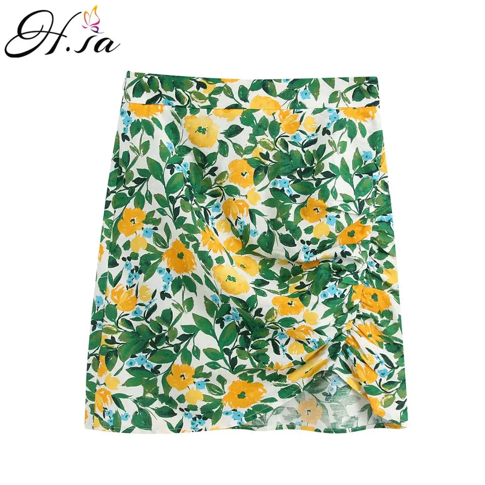 Женская летняя мини юбка H.SA с высокой талией и оборками принтом повседневные