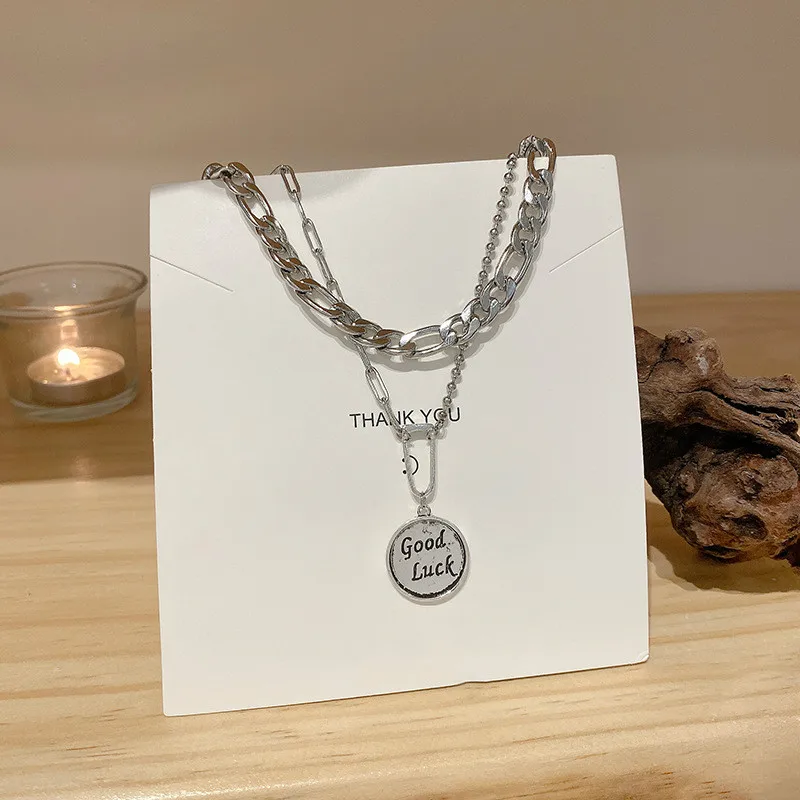 

European and American Retro Goodluck Letter Necklace Female Hip-hop Double Sweater Chain Versatile Trendy Party Jewelry Gift