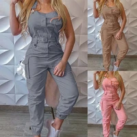 womens strap jumpsuit loose dungarees long rompers workwear pocket design summer solid cargo pants female casual playsuits 2021