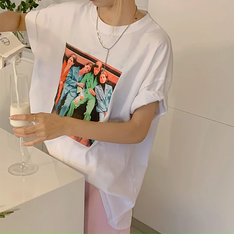 

2021 Summer Mood Rock Character Print T-Shirt Korean Style Urban Fashion Street Hip-Hop Casual Loose Girl Top Clothes