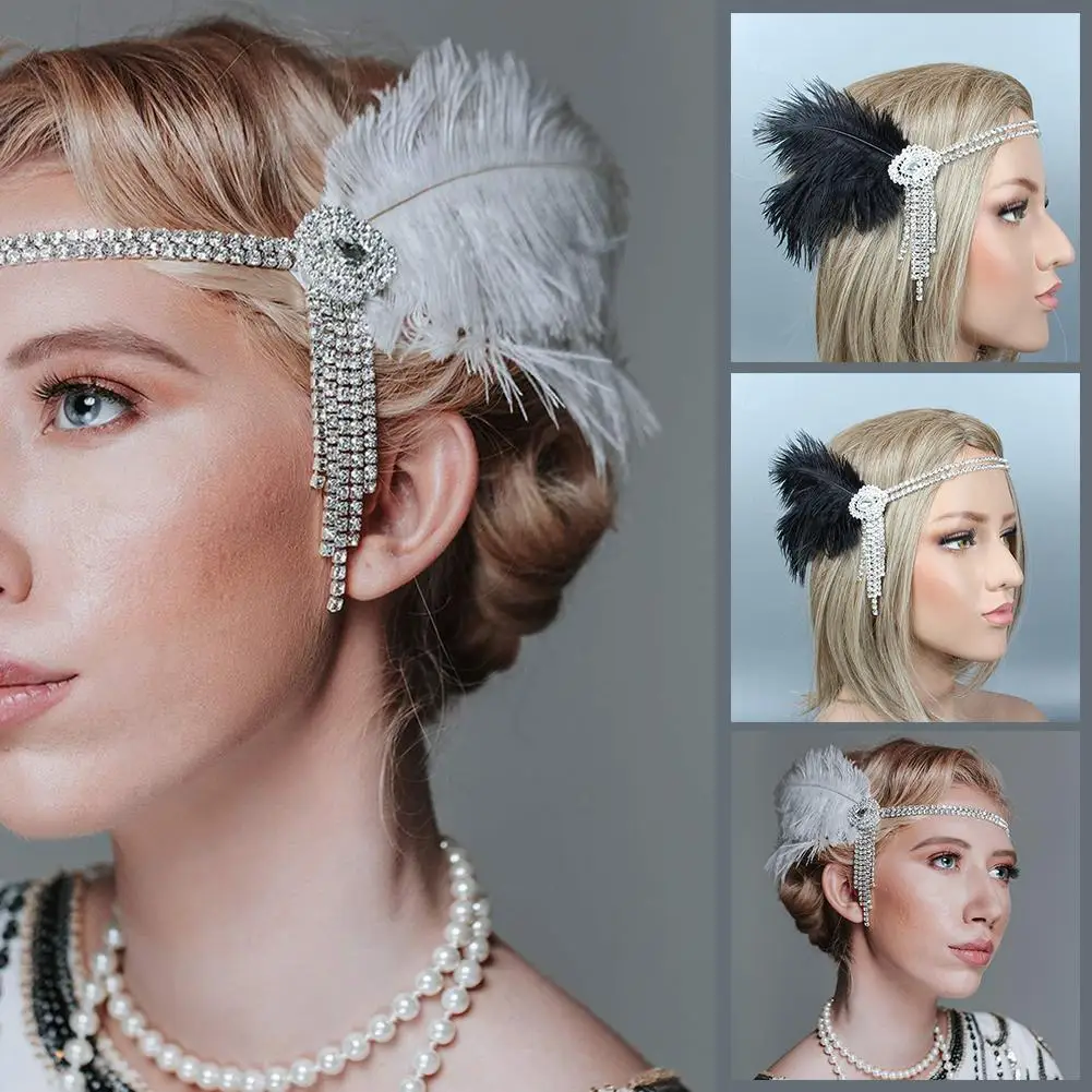 Винтажная повязка на голову Стразы с перьями для женщин цепочка из бисера волос