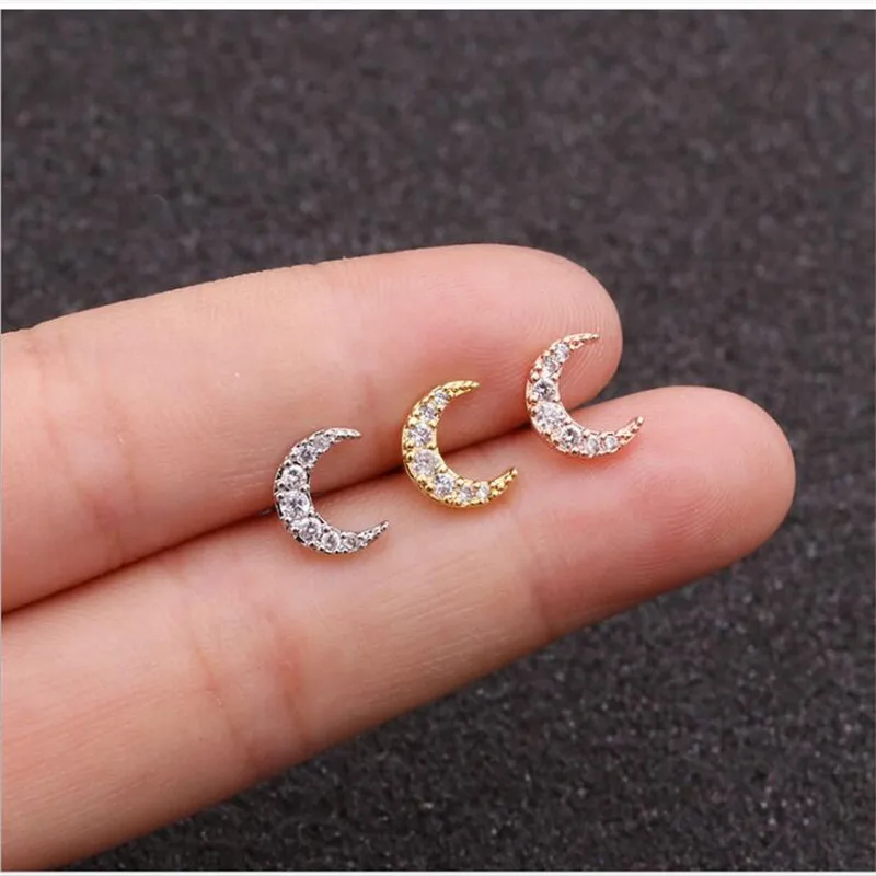 

Beauty Delicate Cooper Moon Bling Zircons Screw-Back Stud Earrings No Easy Fade Anti-Allergy