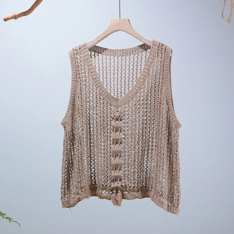 

2021 Summer New Style Literary Leisure Hollow Drawstring Waistcoat Top Ladies Knitted Lace Casual Waistcoat Vest