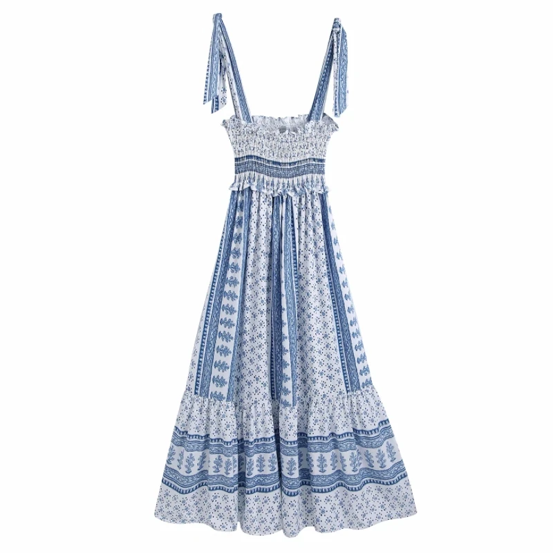 

Summer Women Patchwork Printing Lace Up Suspender Midi Dress Female Sleeveless Clothes Casual Lady Slim Vestido D7796