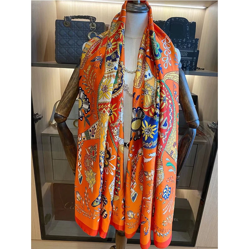 

Long Shawl Silk Feeling Wraps 180*90cm Satin Silk Scarf for Women Lightweight Fashion Pattern Sunscreen Shawls