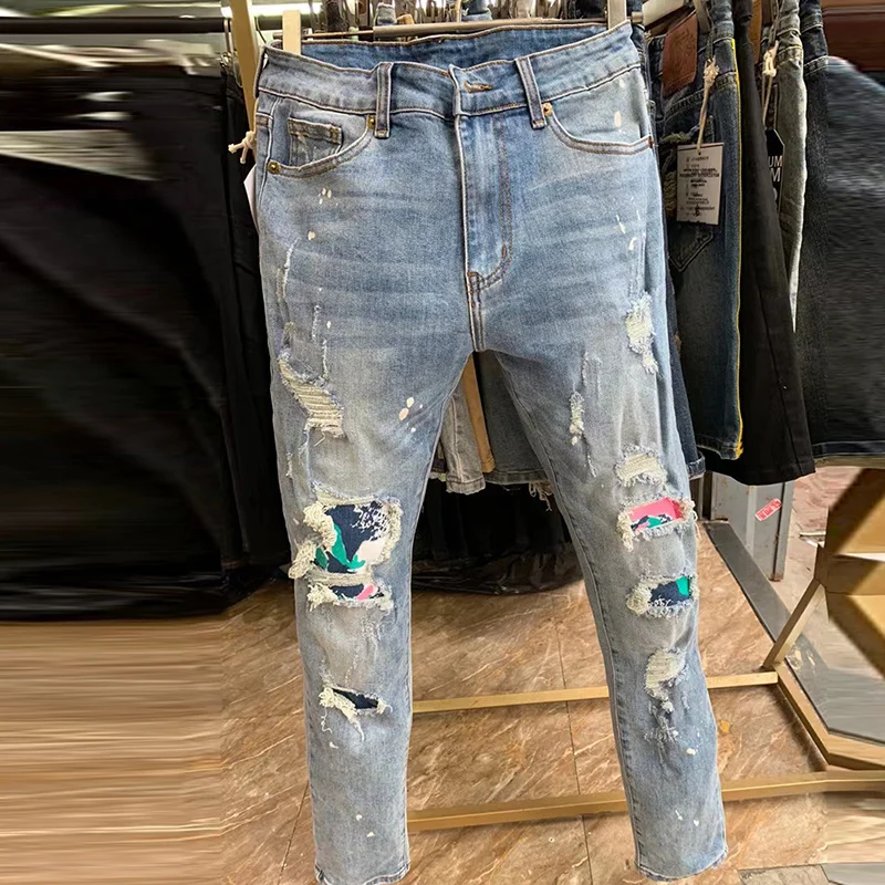 

Men's tight waist jeans, high-quality brand jeans, light blue washed jeans, hip-hop pants