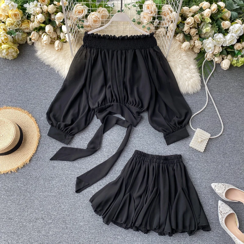 

NEW Fashion Women Slash Neck Lantern Sleeve Chiffon Top and Pleated Ruffled Skirt Trendy Clothing Set
