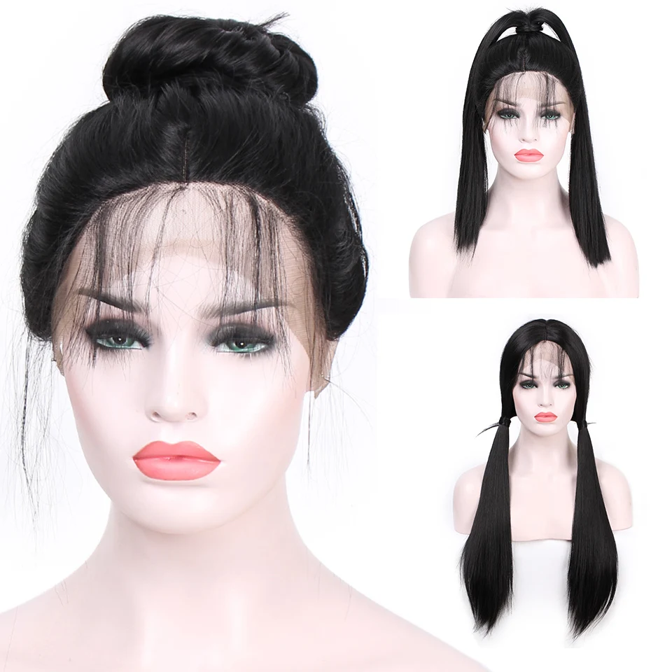 AISI BEAUTY 26 дюймов длинный прямой черный парик с кружевом спереди синтетические парики для женщин с детскими волосами розовые высокостойкие волокна