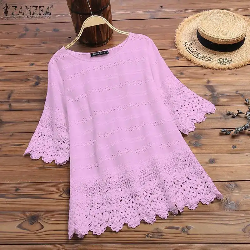 Women's Embroidery Blouse 2022 ZANZEA Elegant Lace Tops Summer Hollow Blusas Female Long Sleeve Shirts Solid Tunic Plus Size |