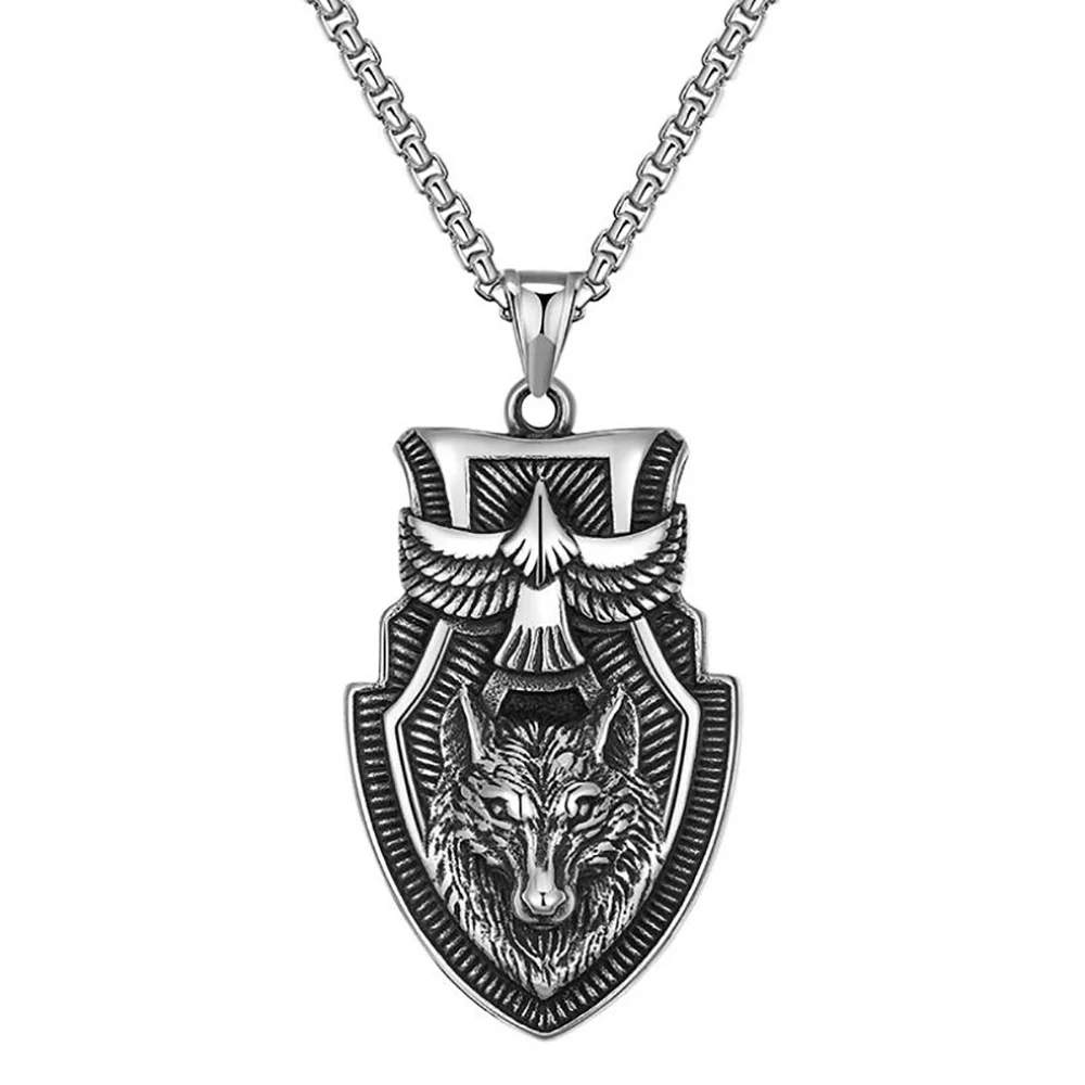 

Stainless Steel Punk Rock Vintage Wolf Animal Shield Pendant Necklace Jewelry Gift For Him with Chain