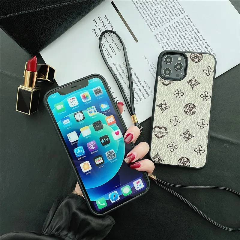 

Luxury Fashion Leather Anti-fall Hard Case For Iphone 11 12 Pro Max 7 8 Plus Xr X Xs Se 2020 With Lanyard Phone Cover Fundas