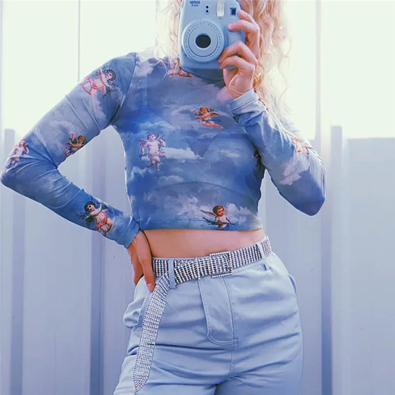 Женская новая модная прозрачная Сетчатая футболка женская водолазка с длинными