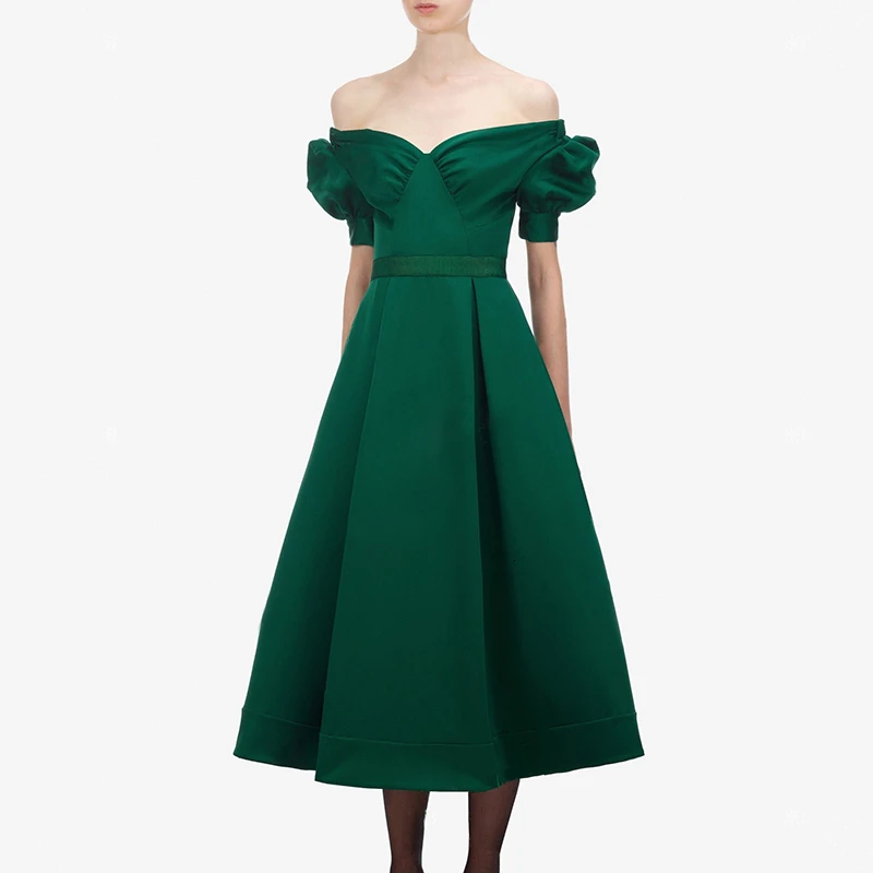 TWOTWINSTYLE Винтаж Ruched Для женщин платья с вырезом лодочкой Фонари короткий рукав