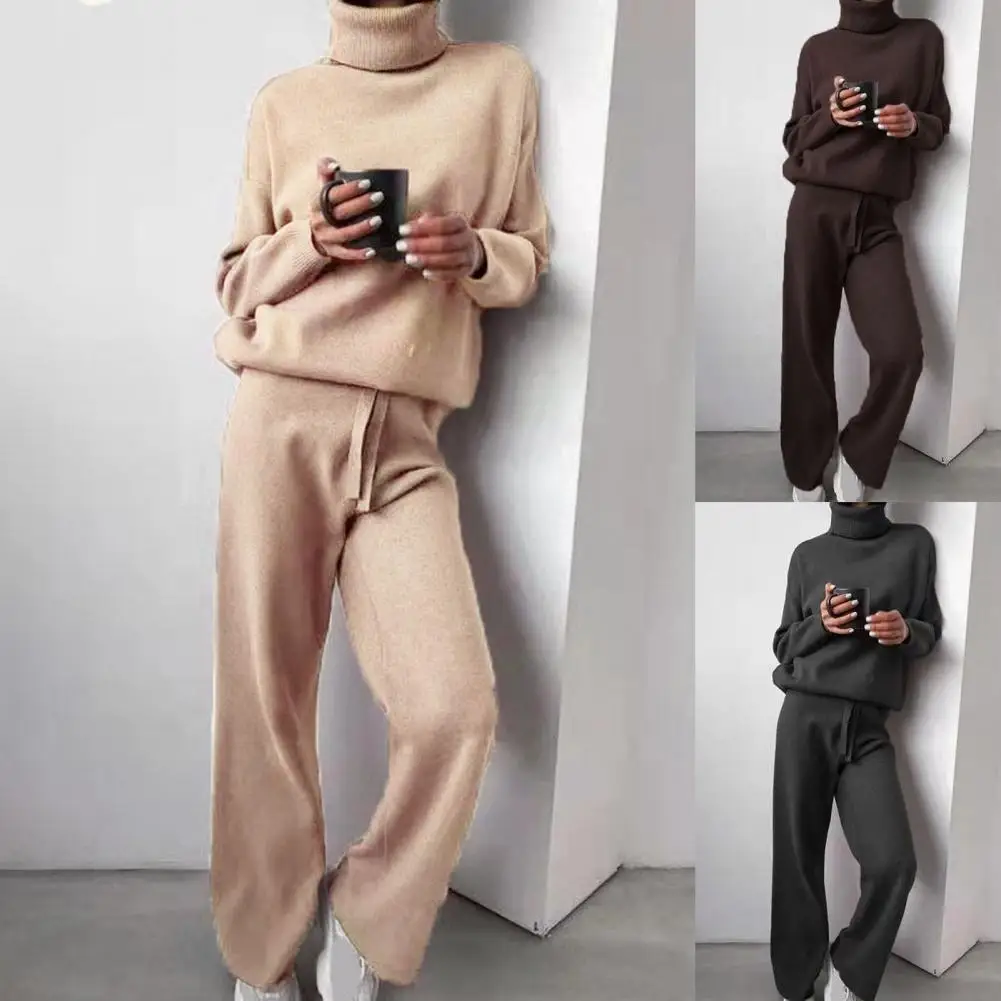 

Women Sweater Pants Set Knitted Lady 2 Piece Set Turtleneck Drawstring Women Solid Color Long Sleeve Pullover Pants for Yoga