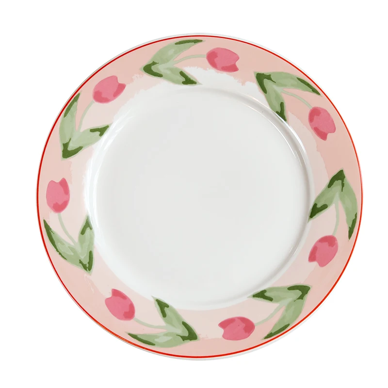 

Korean Style Watercolor Hand Painted Tulip Dinner Plate Bone China Plate 8 Inch French Home Dessert Plate Spaghetti Steak Plate
