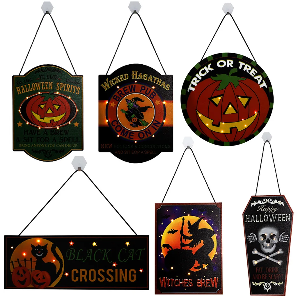 

Halloween Wooden Hanging Board with LED Light Listing Ghost Festival Pumpkin Skull Spider Party Scene Hanging Home Decoration