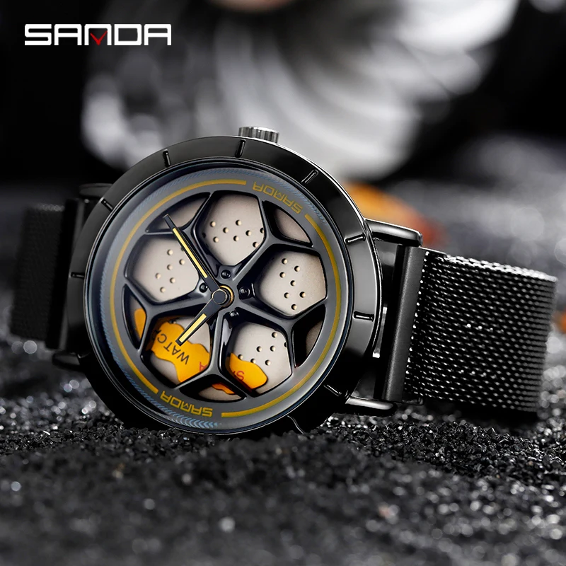 SANDA вращающийся циферблат водонепроницаемые прочные серебристые кварцевые часы