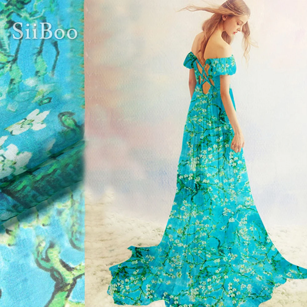 Синий с элегантным зеленым цветочным принтом 100% шелк шифон одежда для лета