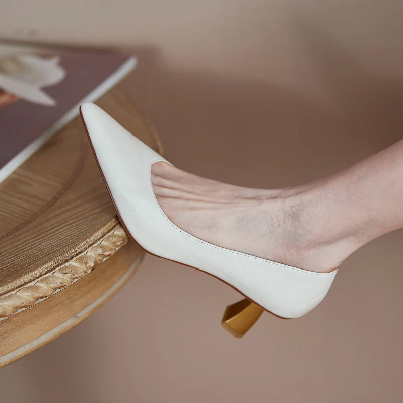 

2021new spring Women's shoes 22-25cm length natural leather pumps Pointed toe metal heel Diamond check Women heels women shoes
