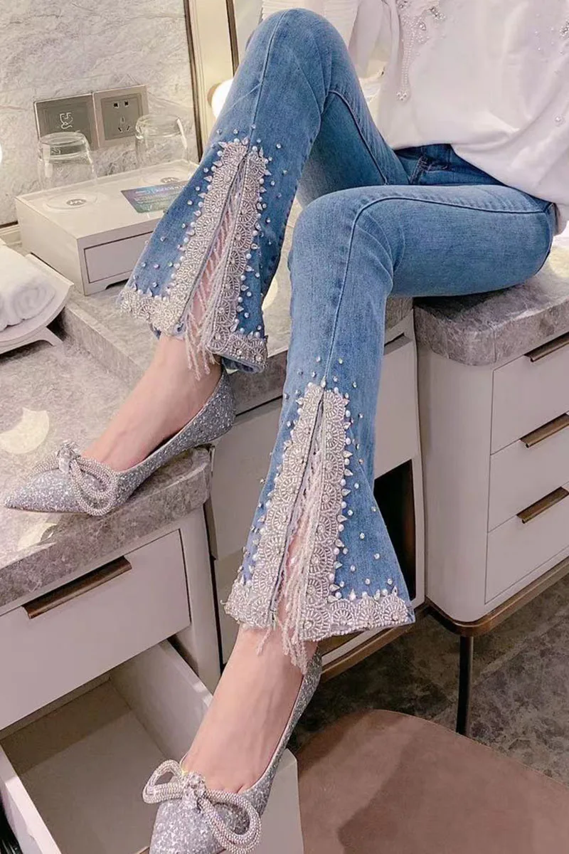 

2021 New Beads Tassel Diamond Slit Hemline Denim Pants Women High Waist Fashion All-match Cotton Elastic Jeans Female