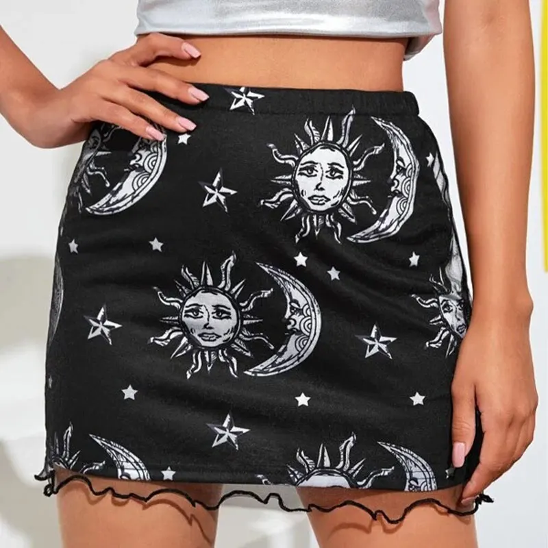 2021 Sun Moon Stars Print Mesh Frilled Edges Casual Black Mini Skirts Y2k Harajuku New Women Summer Retro Sexy Club Streetwear