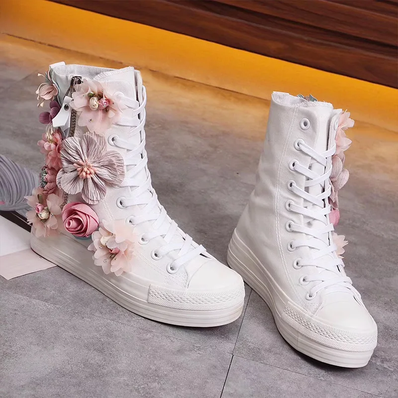 

New high-top thick-soled canvas shoes Korea Heavy Industries hydraulic drill flower sequins sweet lady princess